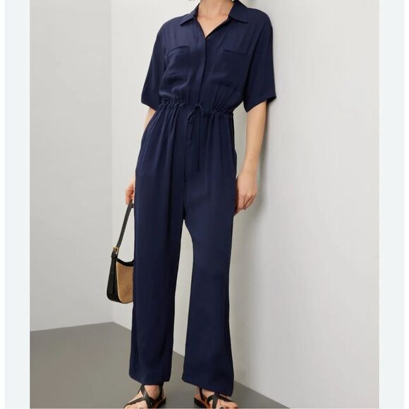 Thakoon collective navy crepe jumpsuit collared front button closure size 4